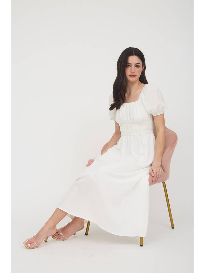 MINE – wholesale Dress – Women's – SOLID SMOCKED WAIST BALLOON SLEEVE MIDI DRESS3