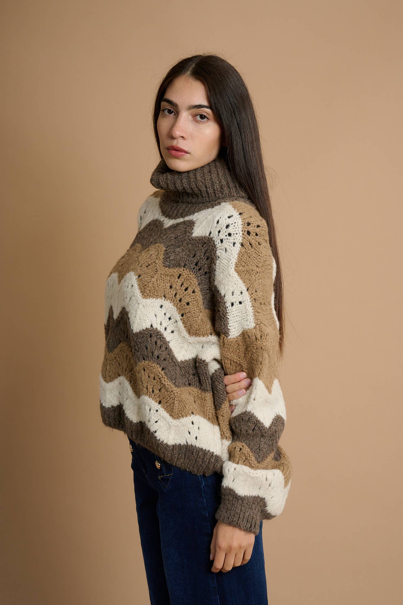 AMELÉ - Wholesale Knit Sweater - Women's - Multicolored zigzag chunky knit turtleneck sweater0