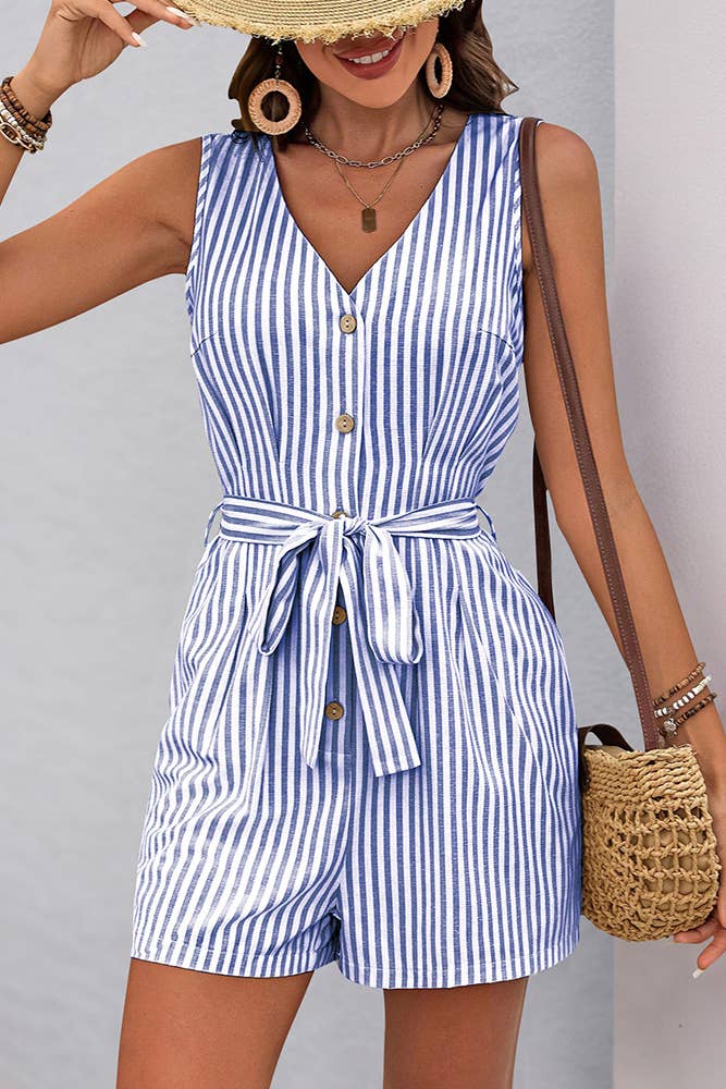 UNISHE - Wholesale Romper - Women's - V-neck Sleeveless Striped Jumpsuit BFZY130013