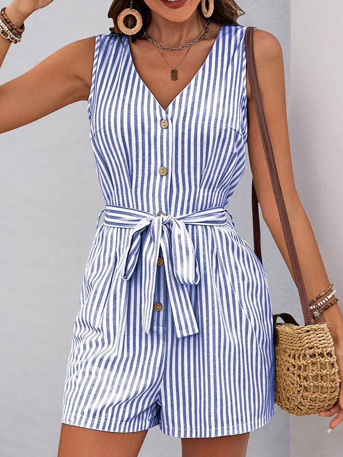 UNISHE - Wholesale Romper - Women's - V-neck Sleeveless Striped Jumpsuit BFZY130013