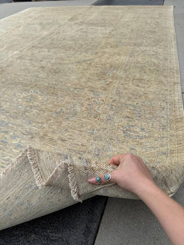 9x12 Handmade Afghan Wool Rug | Soft Neutral Muted Floral Design | Beige And Blue Area Rug for wholesale by The Rug Mine