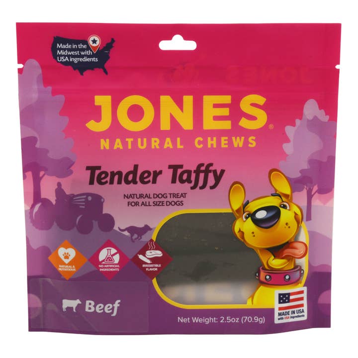 Beef Liver Blend Tender Taffy 2.5oz Pre Printed Stand Up Pouch with Zipper for wholesale by Jones Natural Chews