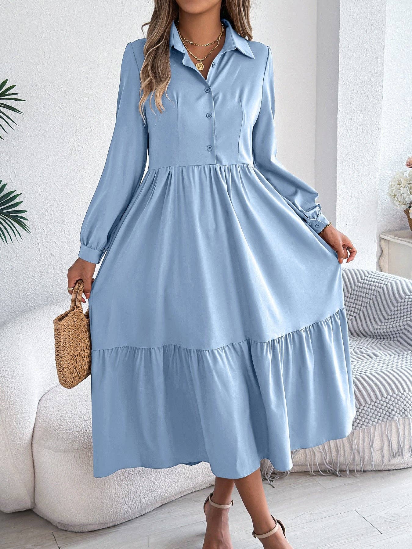 safistyle - Wholesale Dress - Women's - Lapel Long Sleeve Loose Shirt Dress with Ruffles8