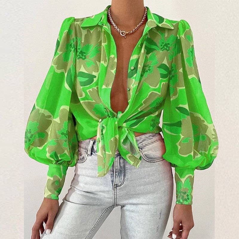ShieldChic - Wholesale Blouse - Women's - Thin Puff Sleeves Lapel Print Blouse0