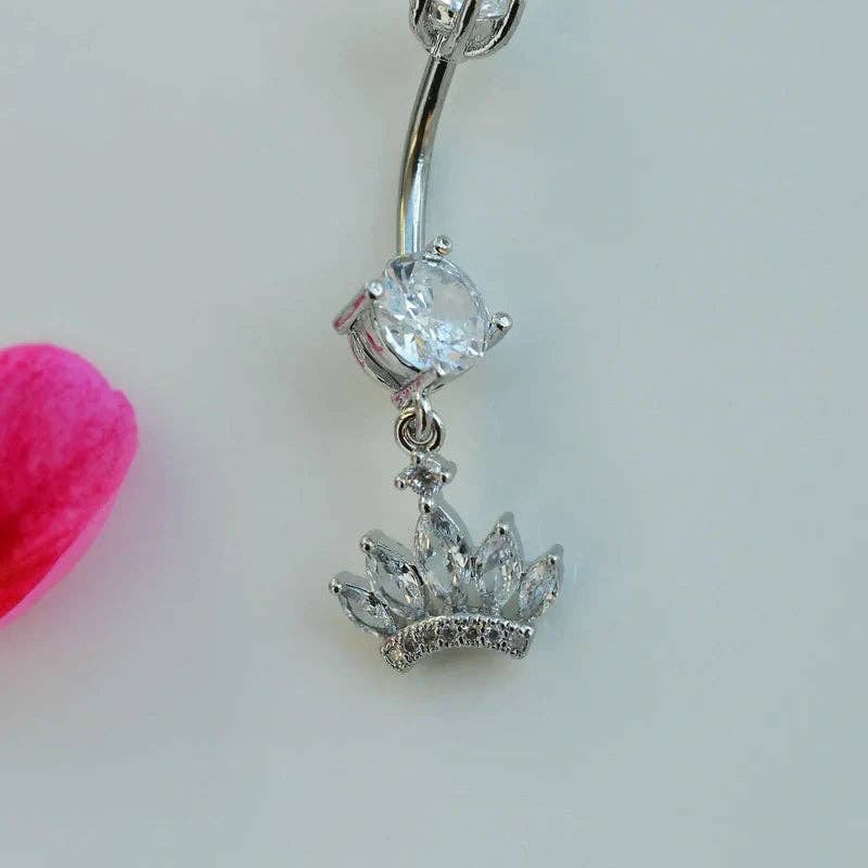 StockJWL - Wholesale Belly Ring - Princess Crown Belly Button Ring, Navel Piercing, Belly Button Piercing, Curved Barbell, Belly Piercing, Belly Bar, Belly Ring, Dangle8