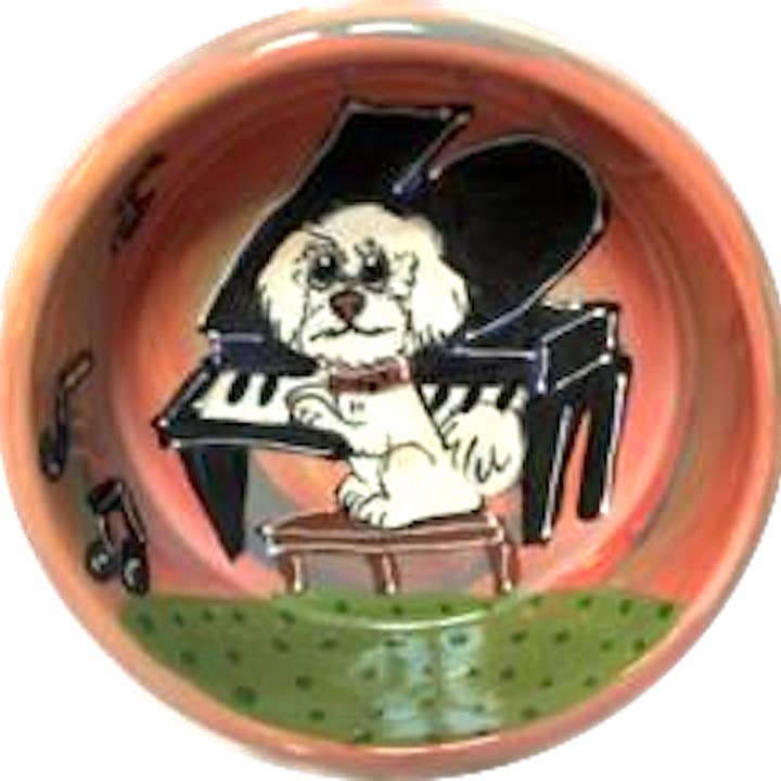 Bichon «Right Notes Pianist» | Ciotola per cani in ceramica dipinta a mano per la vendita all'ingrosso da parte di Faux Paw Productions