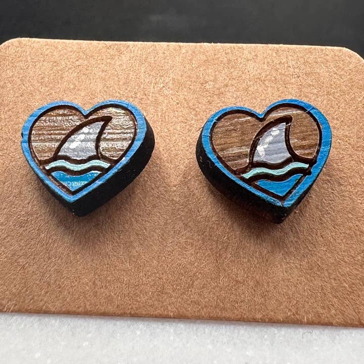 Shark Heart earrings, upcycled reclaimed wood- Shark Fin Studs are a great gift for divers, ocean lovers, and conservationists. SHARK WEEK for wholesale by SoCal Creative