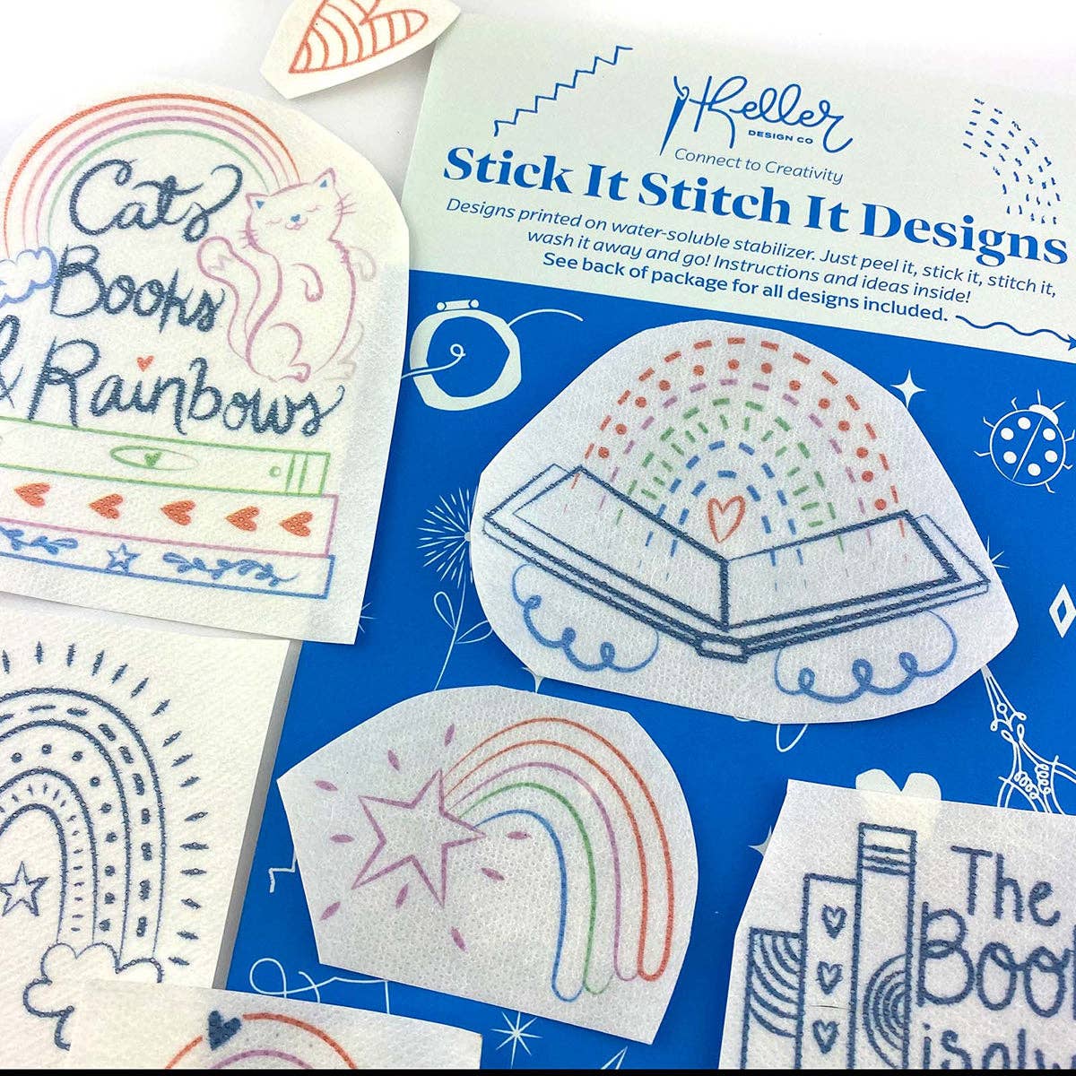 Keller Design Co. - Wholesale Embroidery/Cross Stitch Supplies - Stick It Stitch It Water Soluble Embroidery Patterns-Cats, Books, Rainbows13