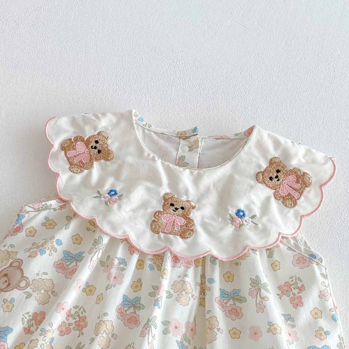 Beige Summer Arrival Baby Girls Cute Teddy and Flowers Pattern Sleeveless Onesies for wholesale on Faire