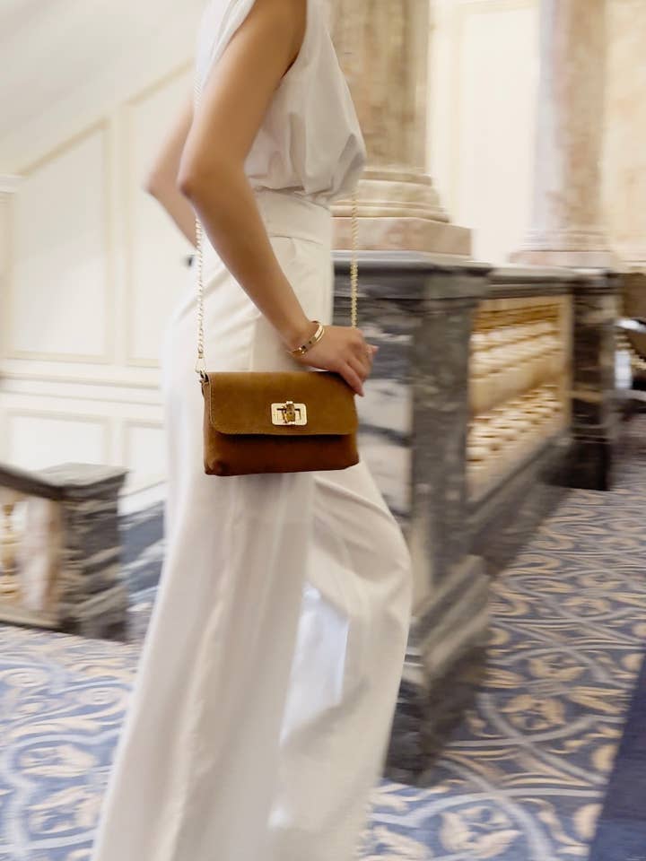 Italian Premium Suede Mini Crossbody Clutch with Gold Chain for wholesale by MONTTE DI JINNE