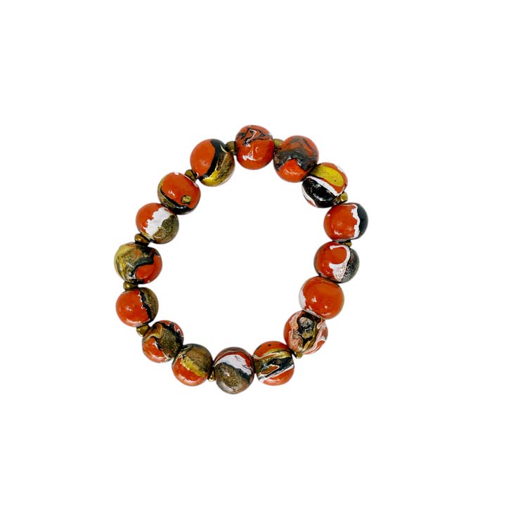 Maka Imports - Wholesale Beaded Bracelet - Hand Painted Wood Bubble Stretch Bracelet Orange1