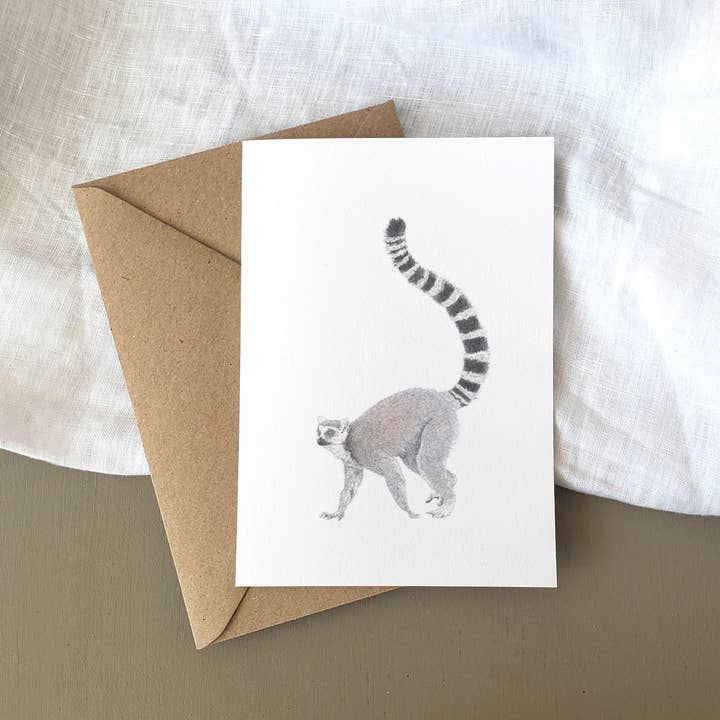 A6 Ring Tailed Lemur Wildlife Greetings Card for wholesale by Lauren Fitton Illustration