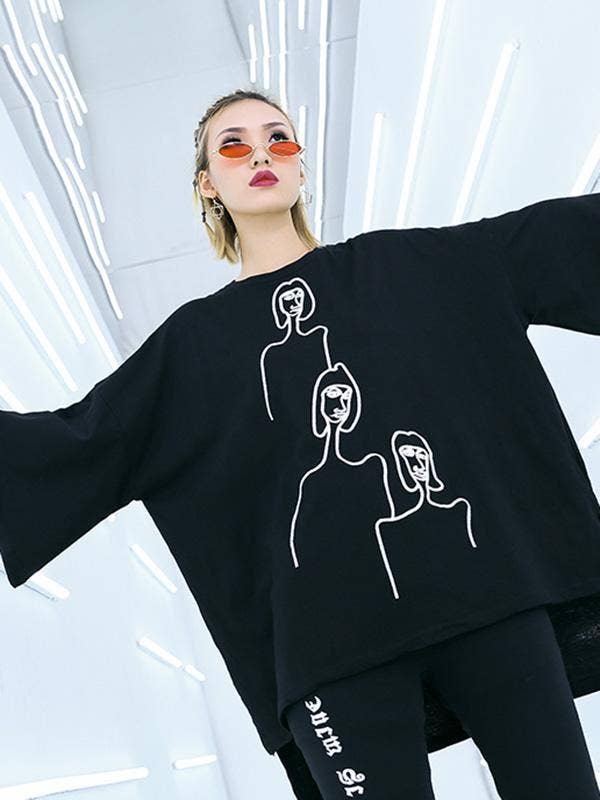 BLACK Embroidered Black&White Loose Round-Neck T-Shirt for wholesale on Faire5