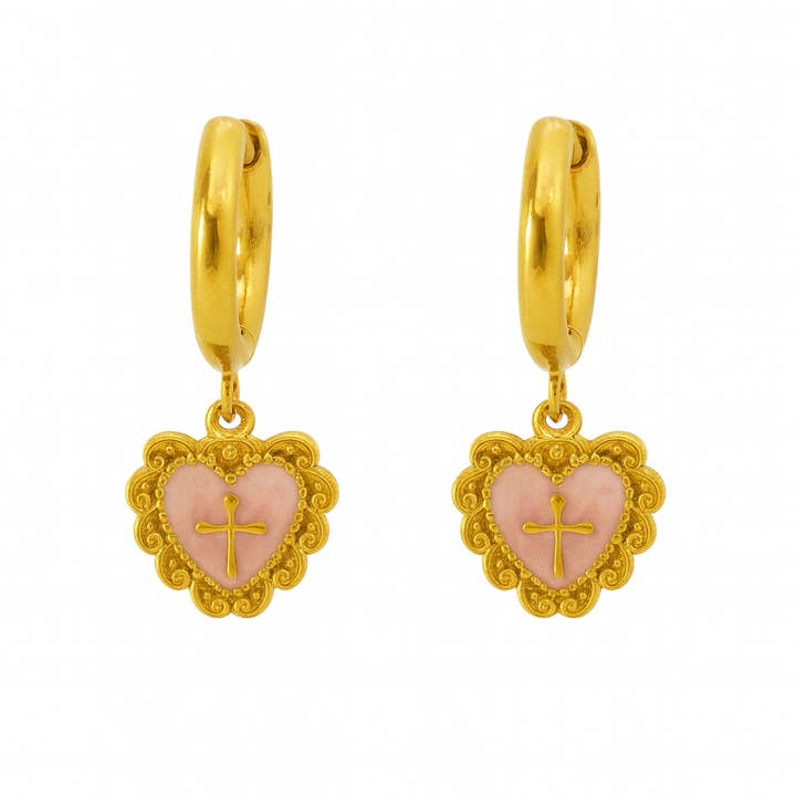 Pink Sacred Heart Cross Earrings For Women - Waterproof for wholesale by Animira Jewels