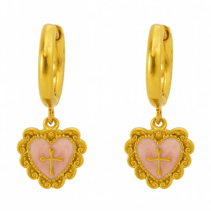 Pink Sacred Heart Cross Earrings For Women - Waterproof for wholesale by Animira Jewels
