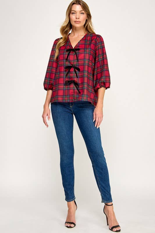 MintChoco - Wholesale Screen Printed T-Shirt - Women's - Plaid Holiday tie front blouse2