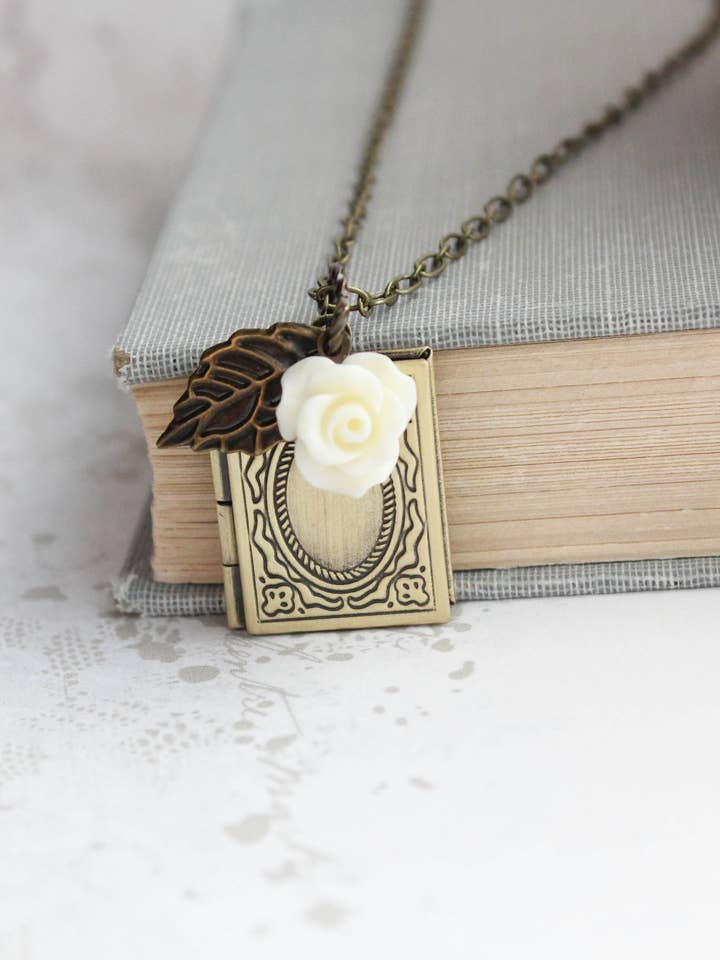 Book Locket Necklace - Cream Rose for wholesale by A Pocket of Posies
