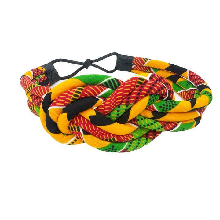 Knuten kunglig Kente-hårband | Afrikansk huvudbonad för kvinnor | 3-strängad gul svart röd grön knuten hårband | Afrocentriskt hårband | Tyg & snöre för wholesale av Cloth & Cord, LLC