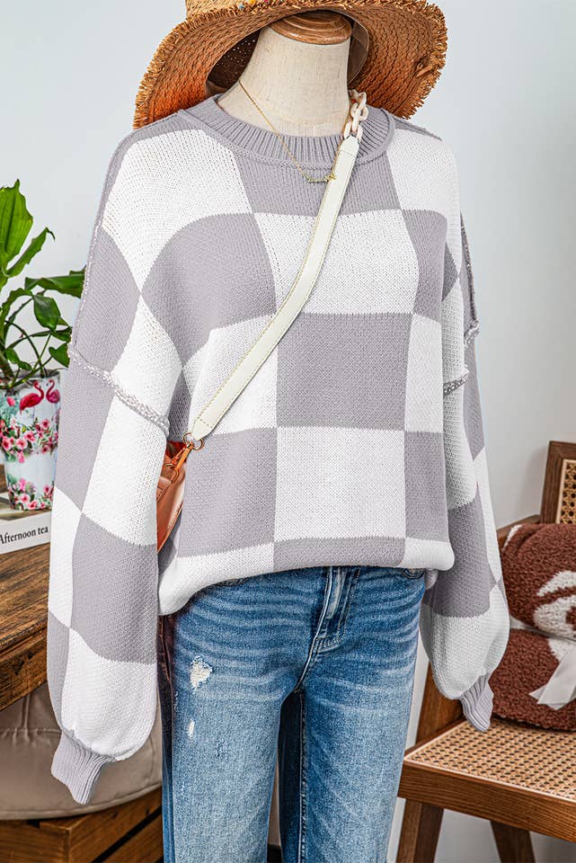 fashionworks - Wholesale Knit Sweater - Women's - Fashion-W Checkered Bishop Sleeve Sweater*S-2XL28