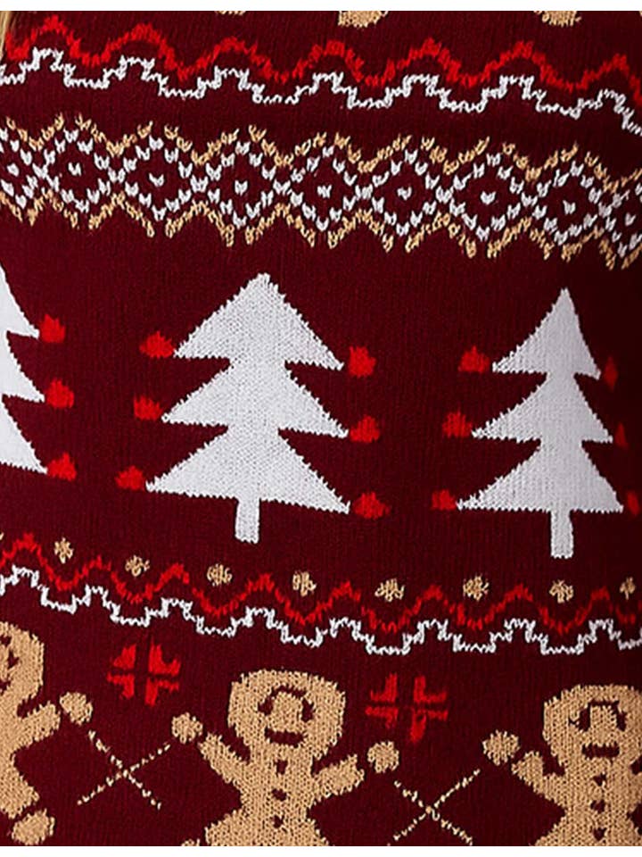 Burgundy Ladies Multi Color Christmas Jacquard Pattern Pullover Sweater for wholesale on Faire2