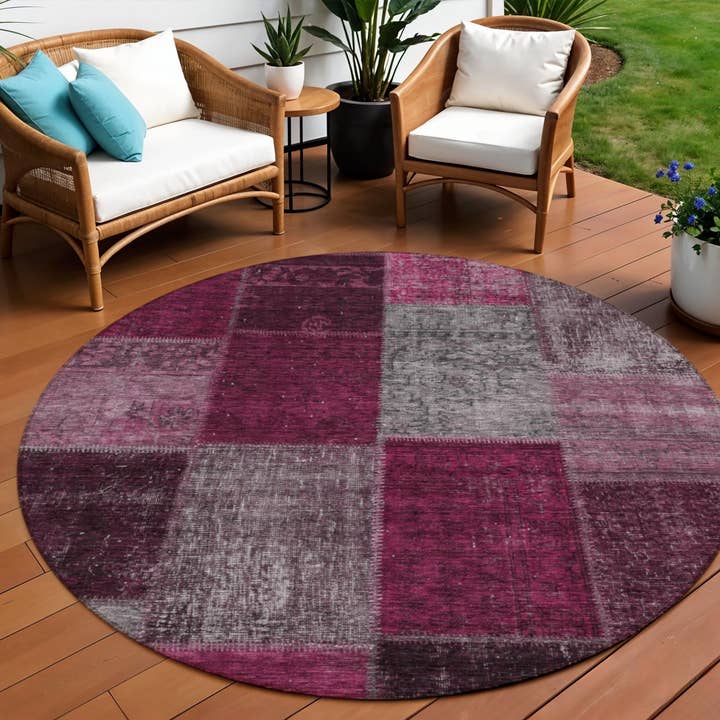 HomeRoots - Vente Tapis - Tapis rond patchwork lavable 8' Merlot Bourgogne et gris