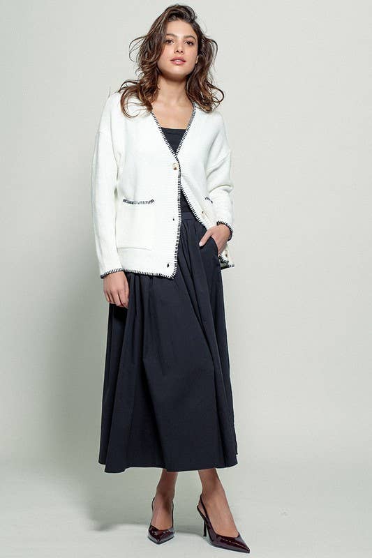 IVOIRE Cardigan en maille décontracté à boutons avec surpiqûres contrastées en vente sur Faire5