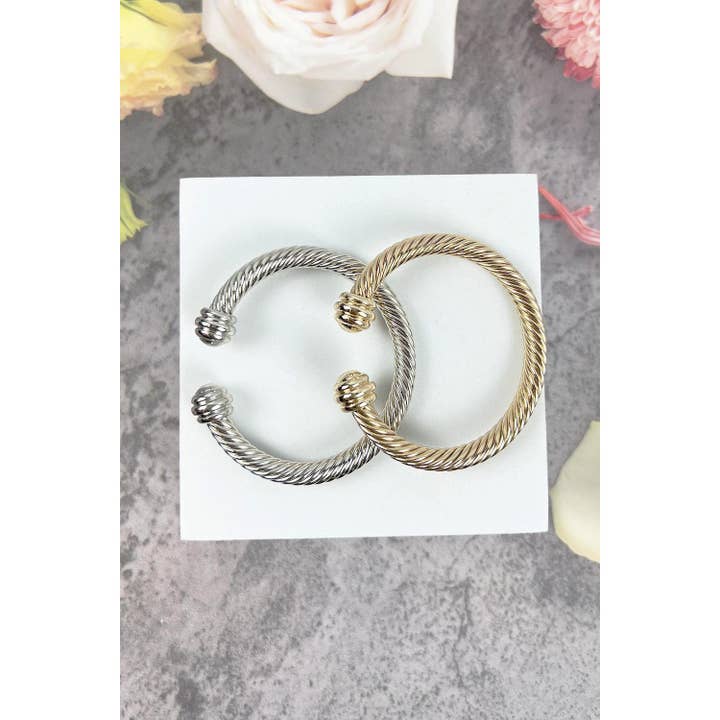 GOLD TWISTED CABLE WIRE OPEN BANGLE CUFF BRACELET for wholesale by JHP Collection