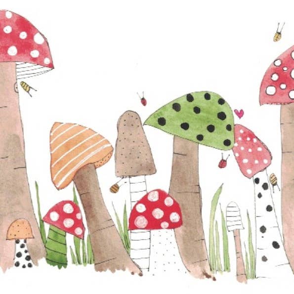 Greeting card "Mushroom Party" for wholesale by Elle Bee Art Studio