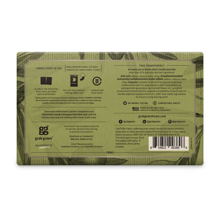 Grab Green - Wholesale Dryer Balls - Stoneworks Compostable Dryer Sheets, Olive Leaf, 80 sheets