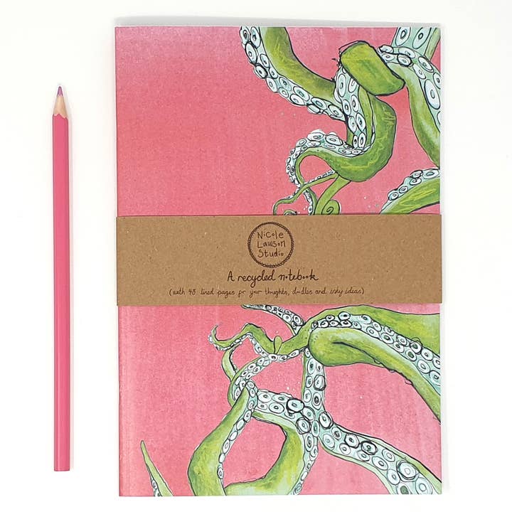 A5 Recycled Notebook, Pink Tentacles (Plain or Lined) for wholesale by Nicole Lawson Studio
