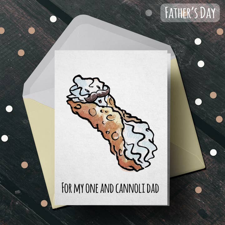 Tarjeta de postre para el Día del Padre con texto en inglés «One and Cannoli Dad» para venta al por mayor de Aaron Millard Illustration
