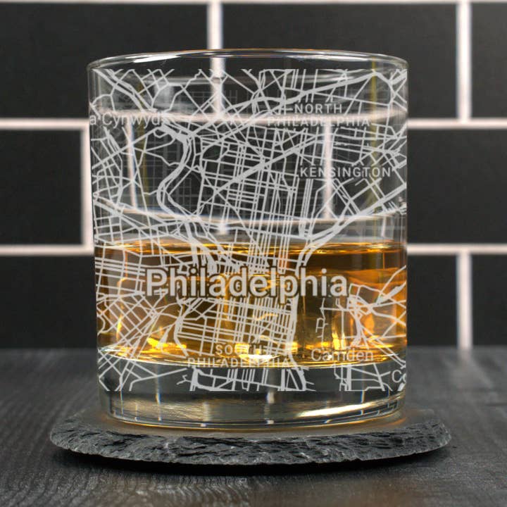 Philadelphia PA - Street Map - Engraved Whiskey Glass for wholesale by Blue Ridge Mountain Gifts