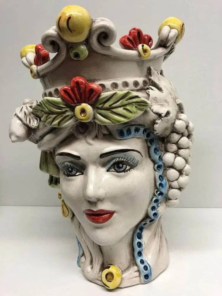 DD Ceramiche Siciliane - Vendita all'ingrosso Statuette decorative - Teste di Moro Classica Corona Sfere Giallo Ceramica Caltagirone cm H.28 L.20 Artigianale3