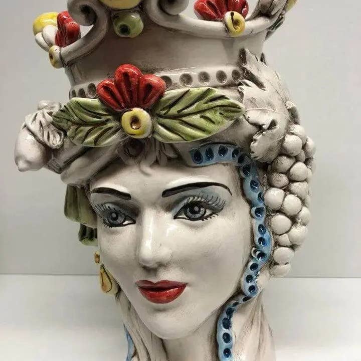 DD Ceramiche Siciliane - Vendita all'ingrosso Statuette decorative - Teste di Moro Classica Corona Sfere Giallo Ceramica Caltagirone cm H.28 L.20 Artigianale3
