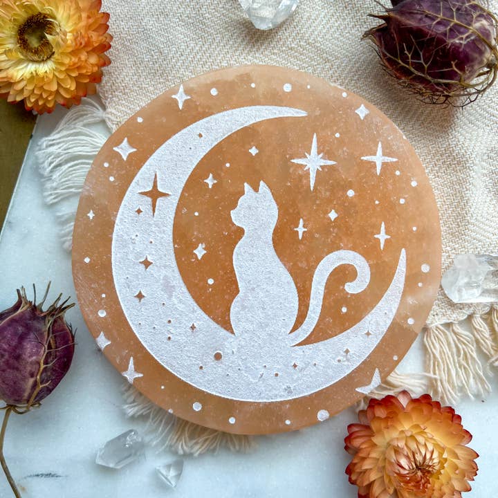 Fractalista Designs - Wholesale Crystal Charging Plate - "Moon Cat" Halloween Selenite Charging Plate Spooky Decor