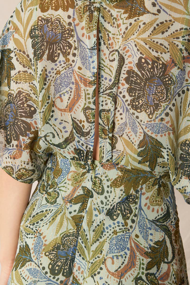 Vert Multi Robe longue en gaze imprimée à col en V en vente sur Faire6