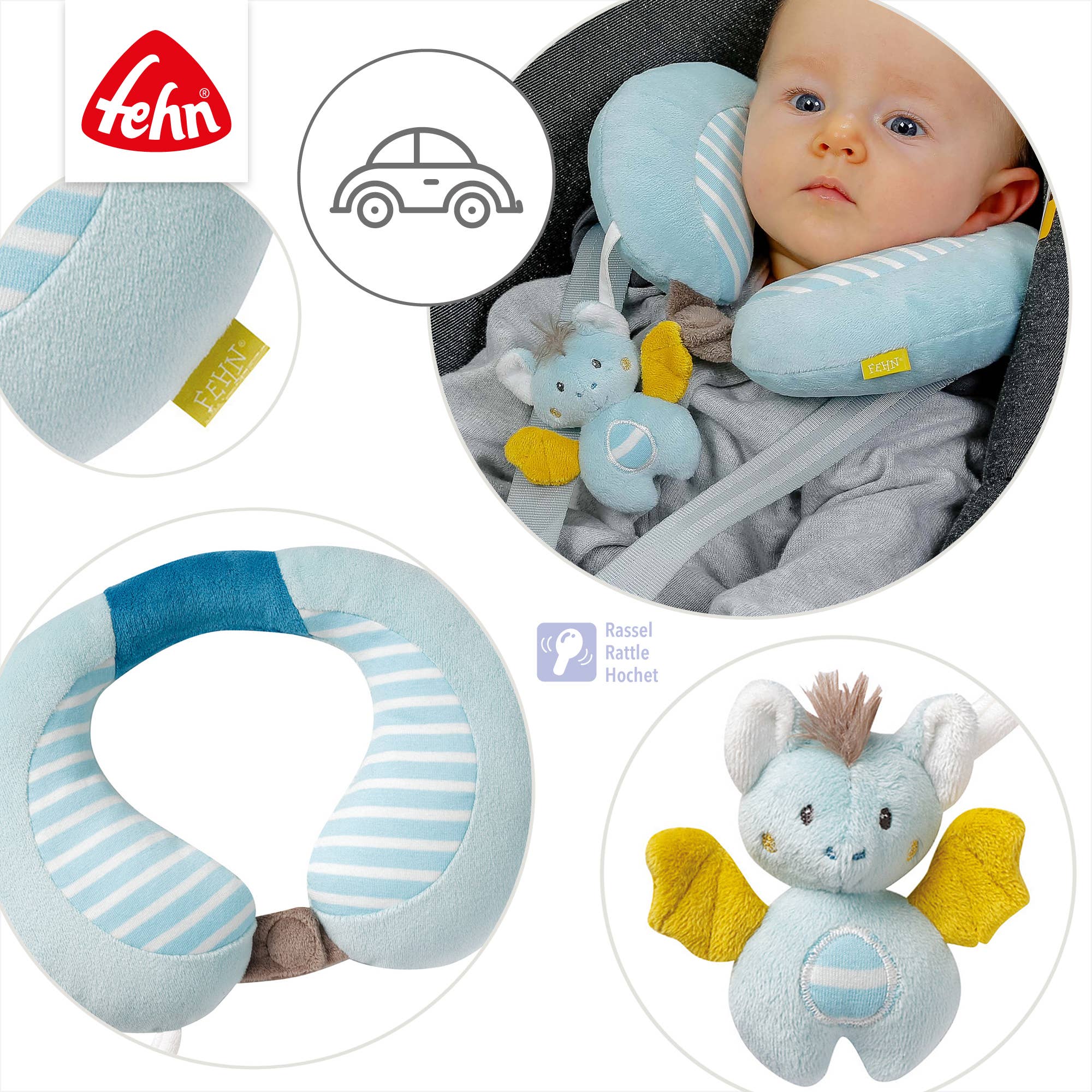 Fehn - Wholesale Travel Pillow - Kids & Baby - Bat neck support - neck pillow with rattle animal3