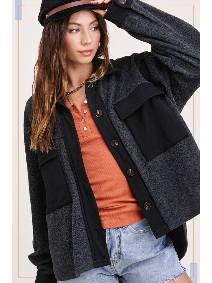 La Miel - Wholesale Shirt Jacket/Shacket - Women's - HAJ1726-Loose Fit Button Down Long Sleeve Fleece Shacket
