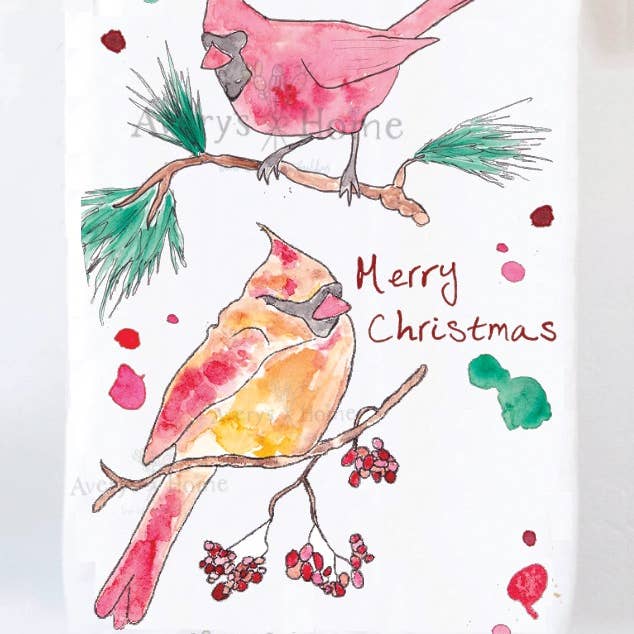 Cardinal Birds Merry Christmas Holiday Tea Towel for wholesale by Avery's Home