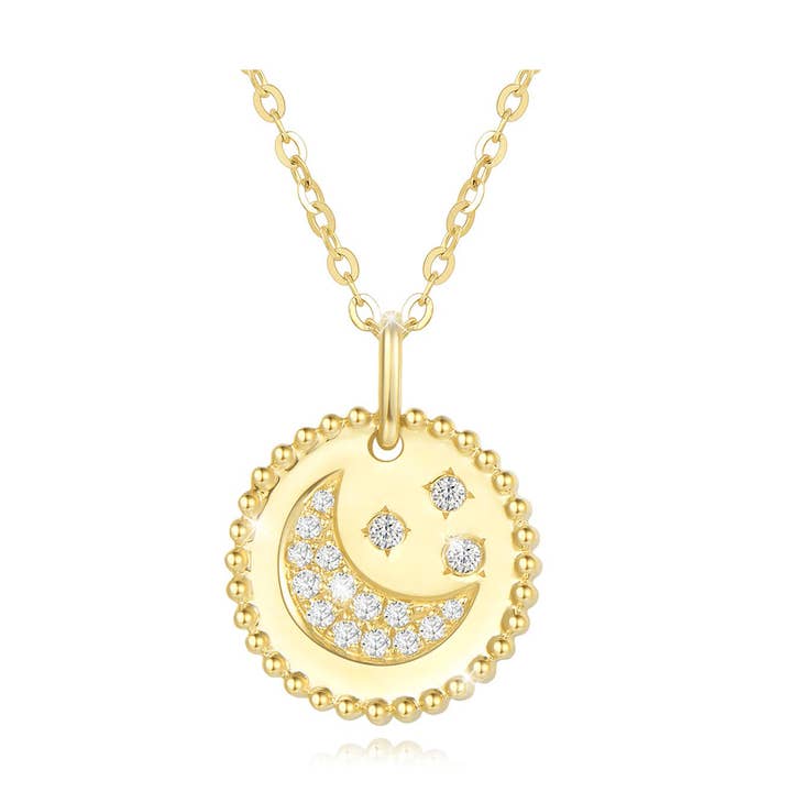 FANCIME Moon Star Round Disc Coin 14K solid guld halskæde for engroshandel hos Fanci Me Jewelry