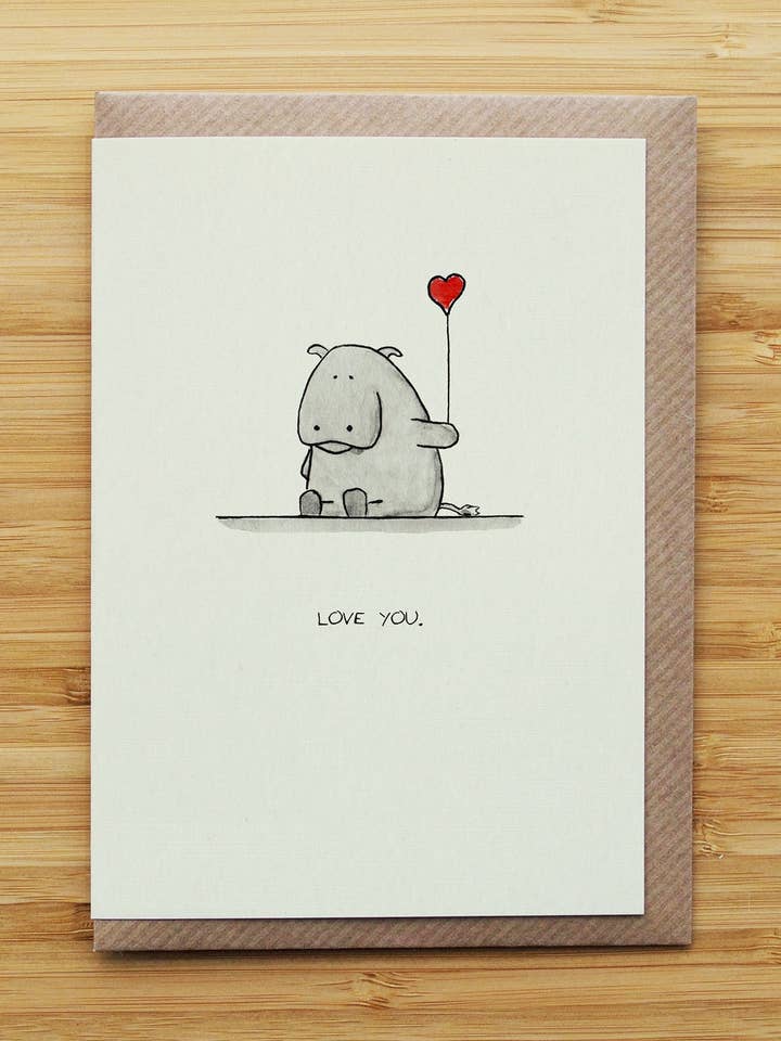 Love Hippo Card - Cute - Valentines - Heart - Recycled for wholesale by RossJDesigns