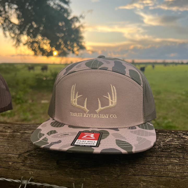 Three Rivers Hat Co. - Wholesale Trucker Hat - Unisex - Classic Whitetail Rack - Flatbill Snapback - Richardson 168P Duck Camo5