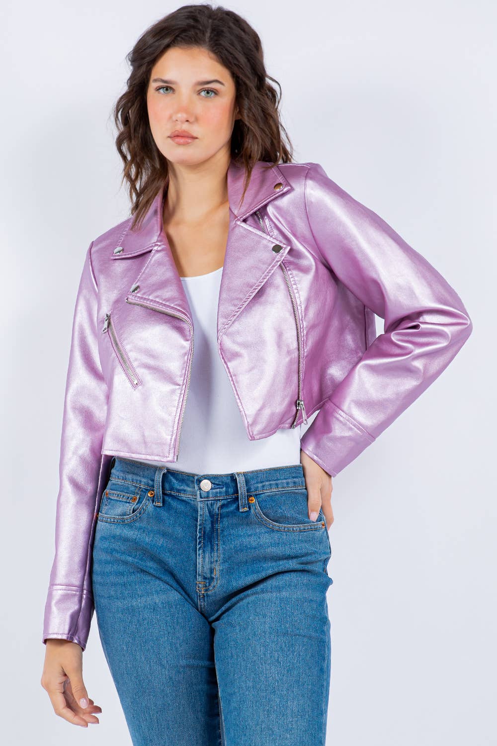 Veracci – wholesale Leather jacket – Women′s – Faux Leather Cropped Moto Jacket5