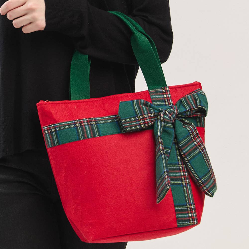 JOIA ACCESSORIES - Wholesale Tote Bag - Women's - CHRISTMAS GREEN TOTE BAG WITH RED PLAID BOW, MB 032117
