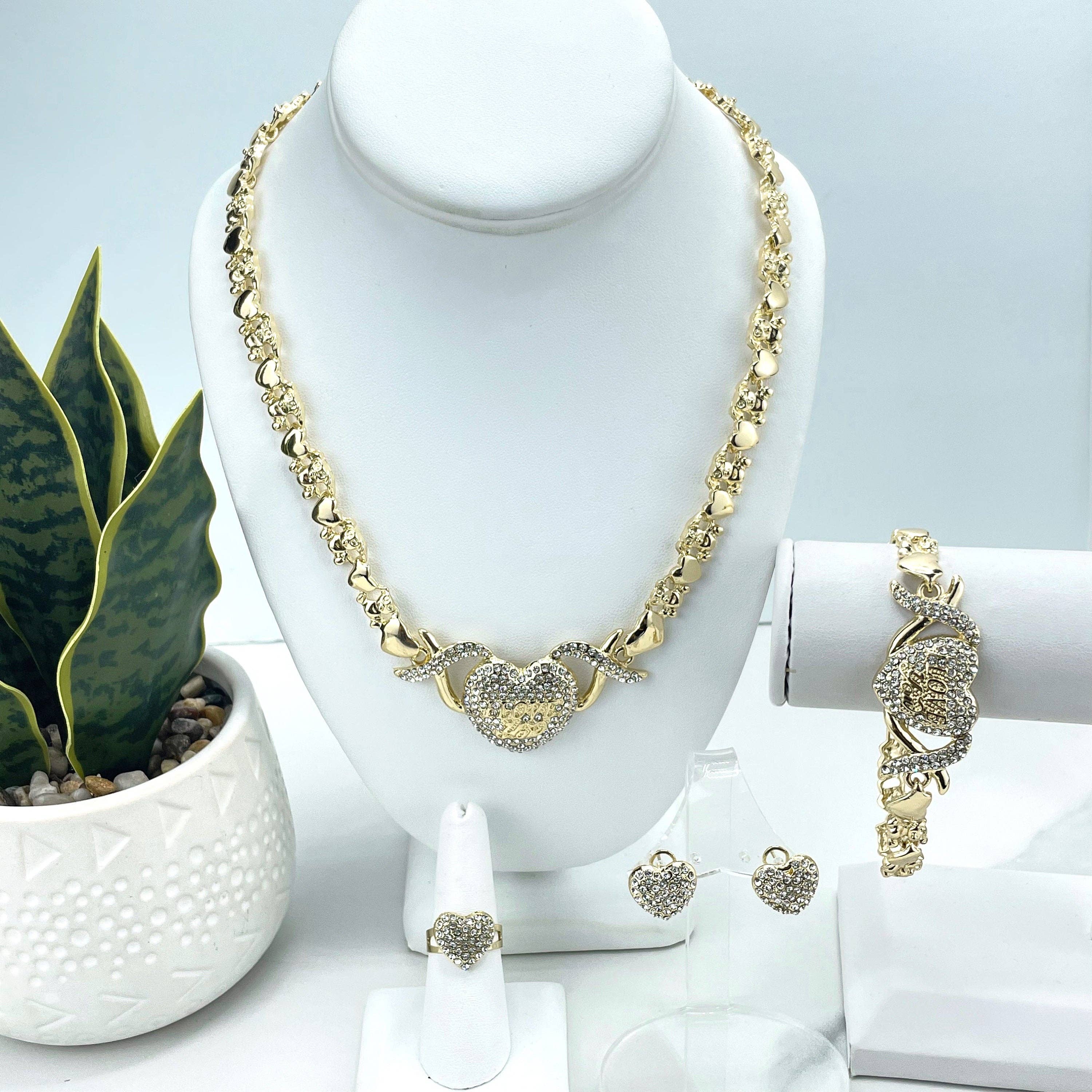 DIJU Jewelry – wholesale Jewellery set – 18k Gold Filled "I Love You" CZ Heart Charms, XoXo and Teddy Bear Linked Chain Set, Necklace, Bracelet, Earrings & Ring, Wholesale Jewelry5