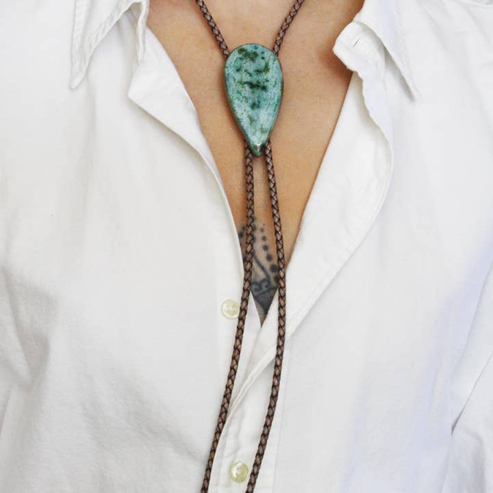 Teardrop Bolo Tie with Grey Leather Cord for wholesale by Dandy Jewelry