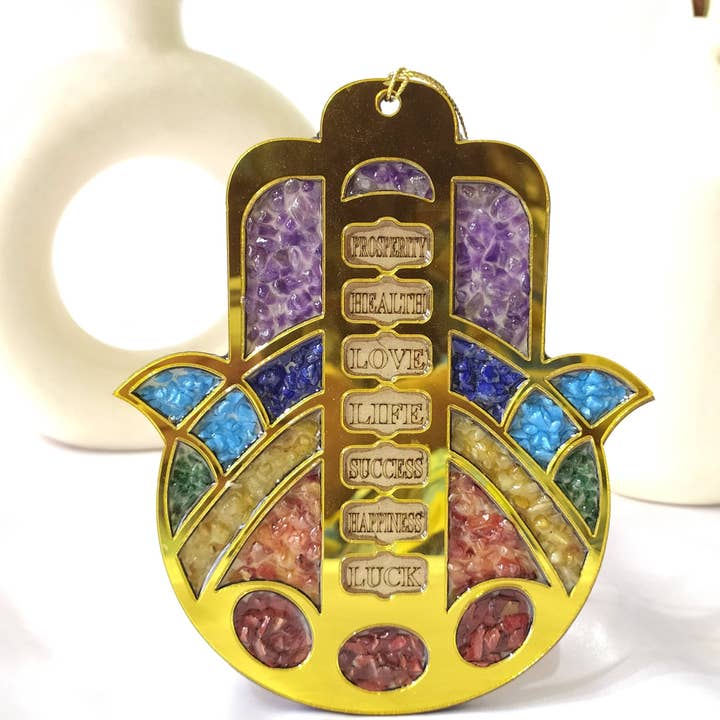 Colgante de Pared Mano de Hamsa | Amuleto de Pared con 7 Piedras de Chakra para venta al por mayor de Soothing Crystals