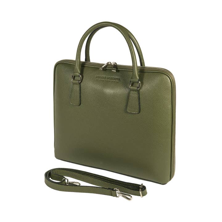 RB1019E | Porte-documents unisexe en cuir véritable Made in Italy avec bandoulière amovible, attaches mousquetons en métal nickelé brillant - Vert - Dimensions : 37 x 29 x 6,5 cm pour la vente par Kaili mood / RENATO BORZATTA - Italy since 1978 -
