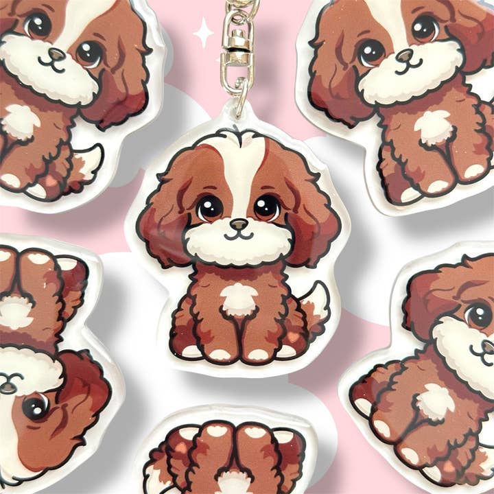 Blenheim Cavapoo Cavoodle Cavachon Acryl-Hundeschlüsselanhänger mit Epoxidharz | Einfacher Clip, niedlicher Hundecartoon, handgezeichnetes Design, Geschenk für Hundeliebhaber für den Großhandel von Milly Made Designs