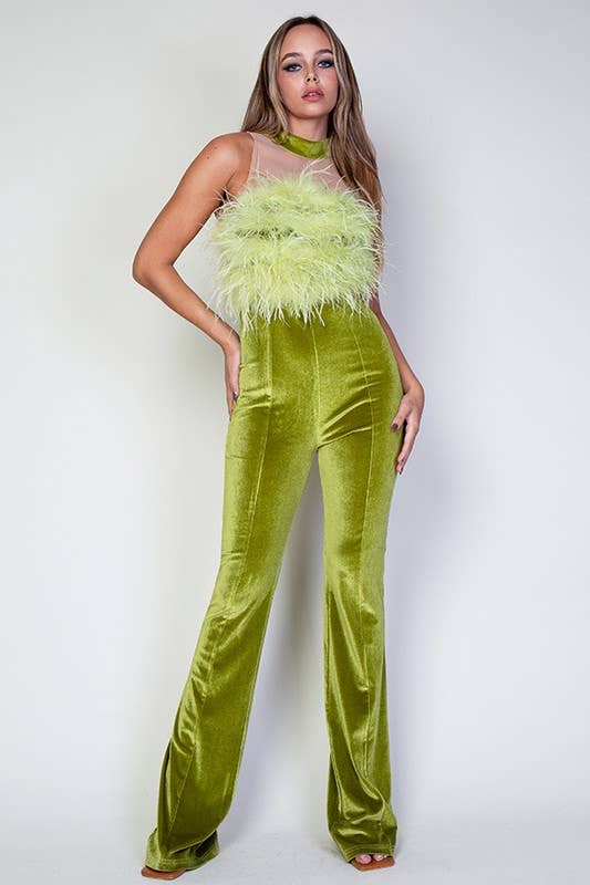 Chartreuse Ostrich Fur And Mesh Contrast Velvet Jumpsuit for wholesale on Faire3